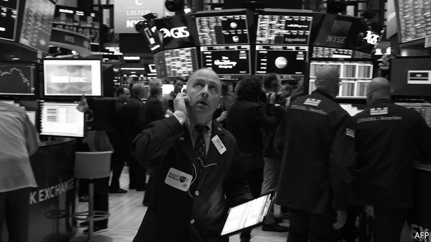 A trading floor, treated black and white